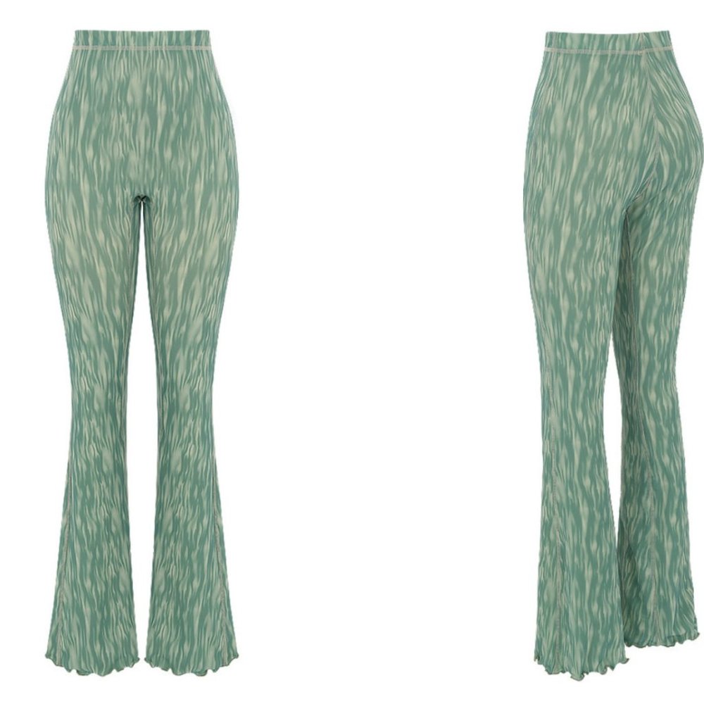 House of CB Green Wave-Print Flare Pants